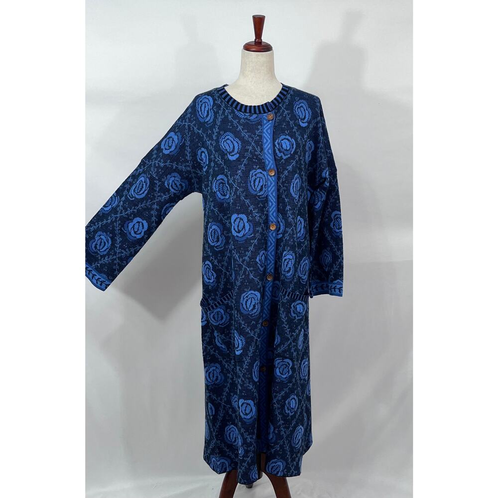 GUDRUN SJODEN M Medium Blue Floral Long Knit Wool Organic Cotton Duster Cardigan